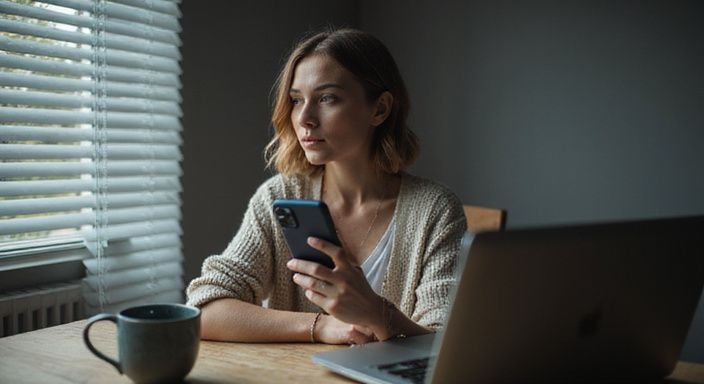 Eine nachdenkliche Frau nutzt eine Dating-App an ihrem Schreibtisch.