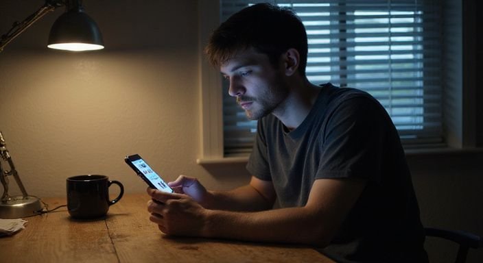 Ein Mann in einer kleinen Wohnung schaut auf sein Smartphone.