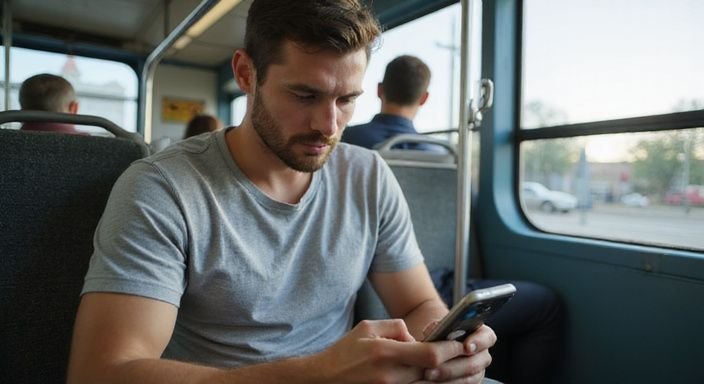 Ein Mann nutzt eine Dating App in einem Bus während der Fahrt