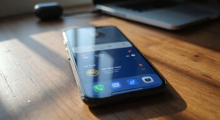 Ein Smartphone zeigt zwei App-Interfaces auf einem Holzschreibtisch.