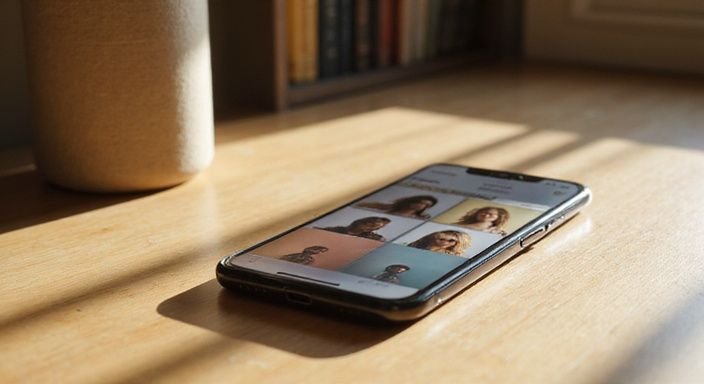 Ein Smartphone zeigt ein Dating-App-Profil auf einem Holzschreibtisch.