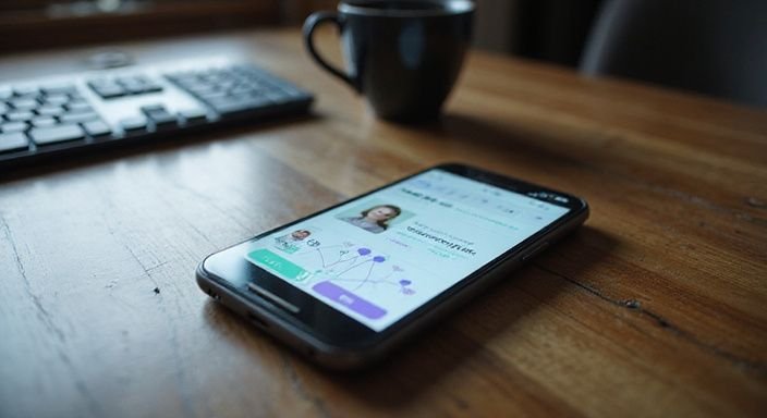 Ein Smartphone zeigt ein Dating-App-Interface auf einem Holztisch.