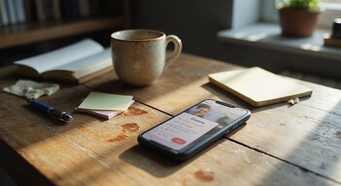 Ein Smartphone auf einem Holzschreibtisch neben einer Kaffeetasse und Notizen.