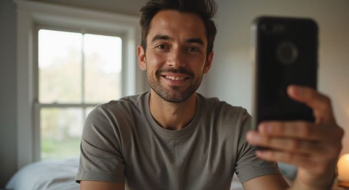 Ein lächelnder Mann in einem schlichten T-Shirt macht ein Selfie.