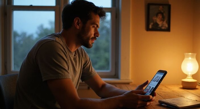 Eine Person in Alltagskleidung betrachtet konzentriert ein Dating-Profil.