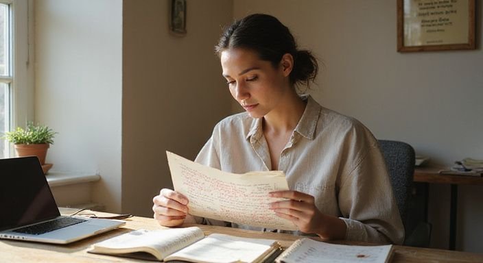 wie schreibe ich ein gutes dating-profil? Eine nachdenkliche Frau überarbeitet Manuskriptseiten in ihrem Homeoffice.