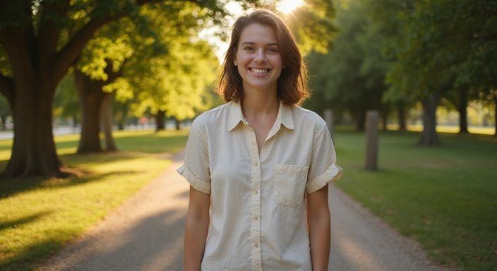 Eine entspannte Person in einem Park, lächelnd und nachdenklich