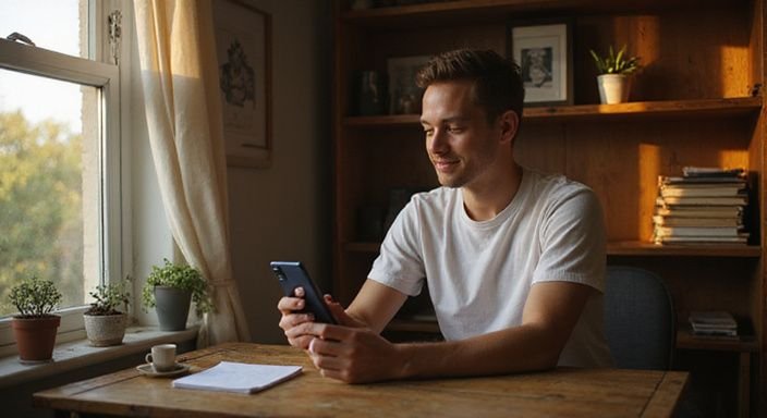 Eine Person in jogger Kleidung lächelt beim Nutzen einer Dating-App.