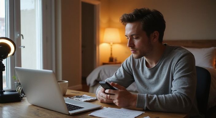 Eine Person erstellt konzentriert ihr Dating-Profil am Schreibtisch.
