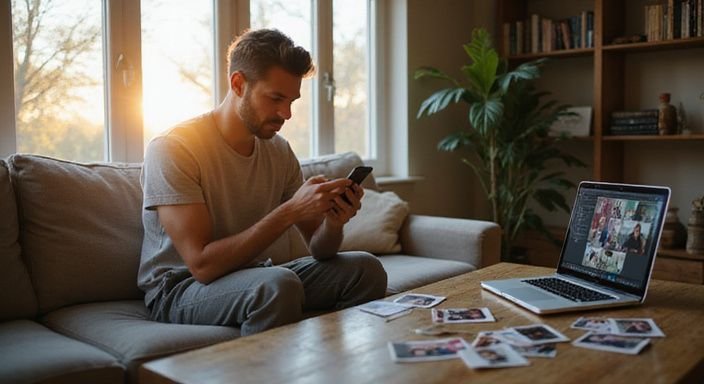 Ein nachdenklicher Mann nutzt eine Dating-App auf seinem Smartphone.